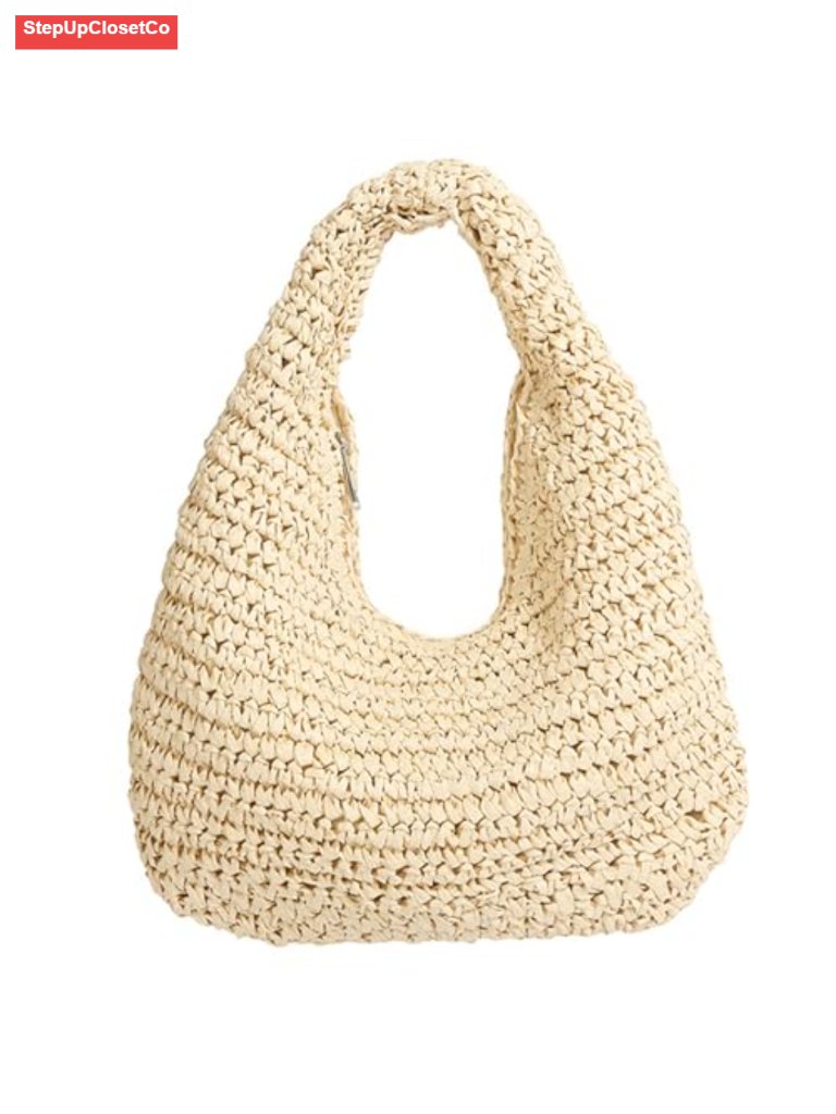 Crescent Straw Shoulder Handbag Summer Beach Tote Raffia Woven Purse Hobo
